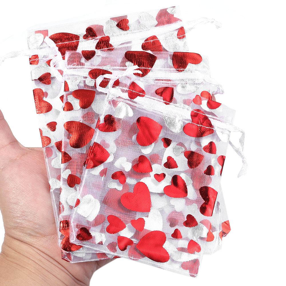 10 Stück/Los 9x12cm Rote Herz Organza Beutel Geschenk Schmuck Verpackung Aufbewahrungsbeutel Für Hochzeit Weihnachten Süßigkeiten Geschenk Kordelzug Beutel