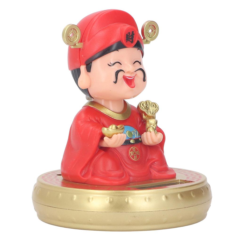 God of Wealth Figurine Solar Powered Automatic Nodding Durable Plastic Cai Shen Statue for Home Car