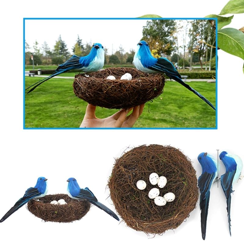 Realistic Artificial Woven Bird Nest Basket With Foam Chick Figure And Eggs Indoor Outdoor Easter Celebration Decoration