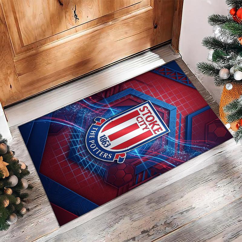 Stoke City Football Print Crystal Velvet Rug, Comfortable Water Absorbent Non Slip Indoor Floor Carpet