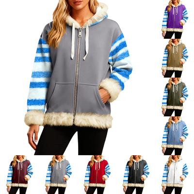 Women's Comfortable Loose Fashion Casual Striped Print Long Sleeve Pockets Hooded Sweatshirt Jacket