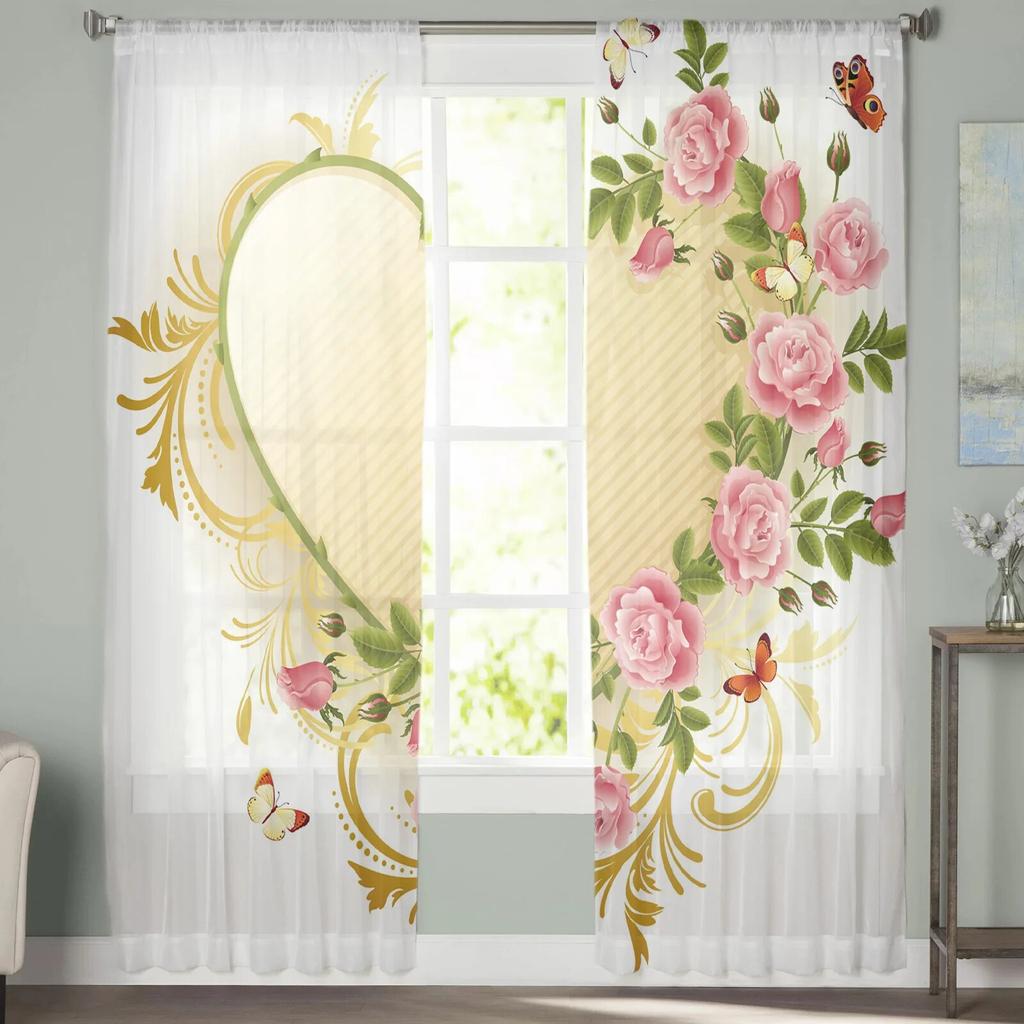 Love Pink Rose Butterfly Sheer Curtains for Bedroom Living Room Voile Window Curtains Tulle Curtains for Kids Room