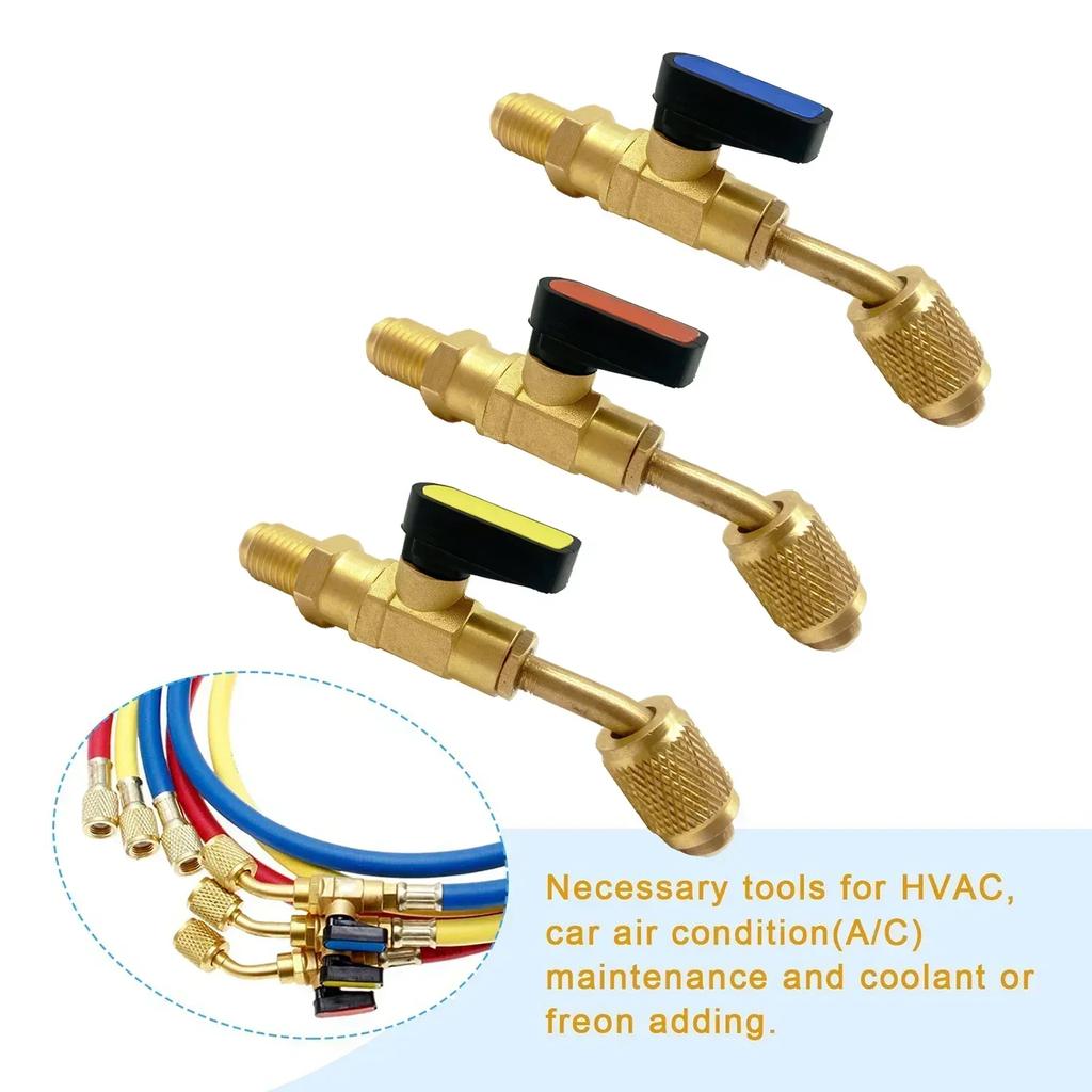 Refrigerant Angled Shut-Off Ball Valve Adapter 1/4" SAE R22 R12 R410a Air Conditioning Charging Hoses AC Refrigerant Tools