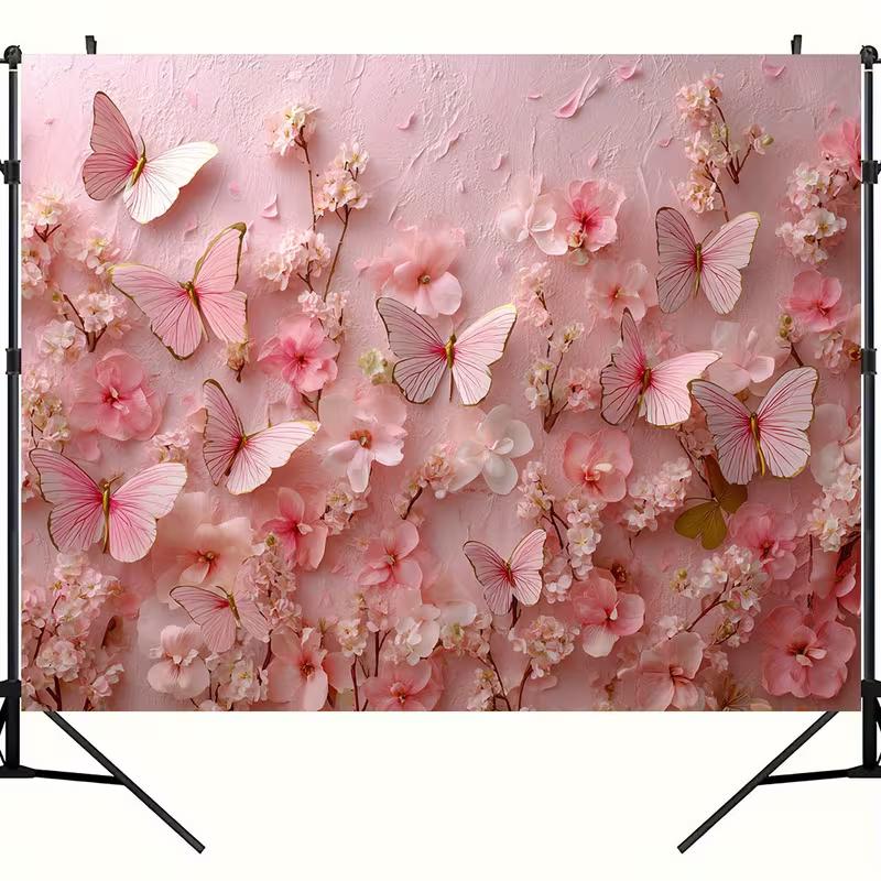 2D Flat Printed Pink Floral Butterfly Tapestry, 3D Effect Flower & Butterfly Photo Banner