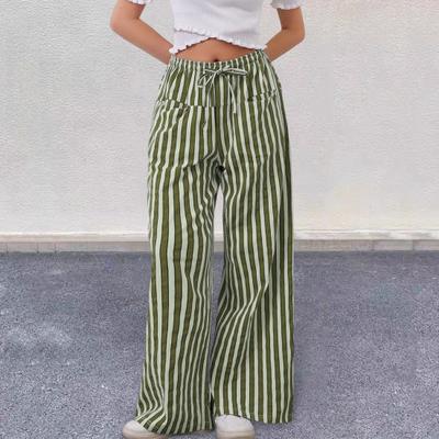 Yousheng Women Pants Drawstring Elastic Waist Loose Wide Leg Contrast Color Stripe Printing Low Waist with Pockets Casual Vacation Beach Trousers