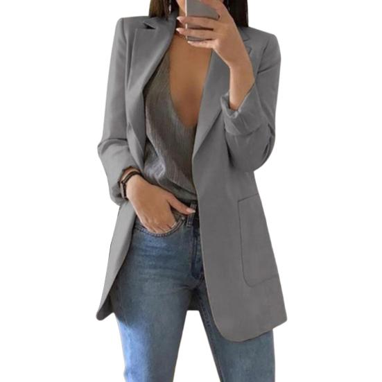 Women Suit Coat Lapel Long Sleeve Open Front Suit Jacket with Pockets Solid Color Slim Fit Office Work Basic Outerwear