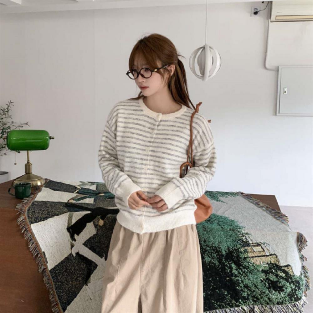 New ArrivalS Open Run Women S Wool Blend claSSic Stripe Round Neck Knit Cardigan