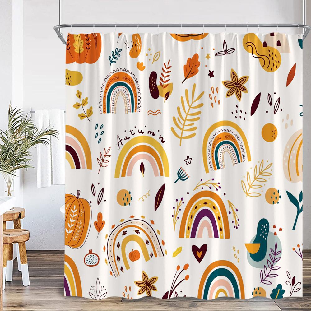 Cartoon Shower Curtain Autumn Leaf Heart Pattern Pink Love Doodle Bathroom Decor Kid Child Polyester Bath Curtain With Hook