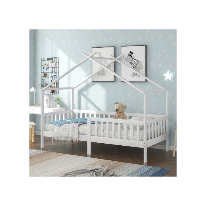 Lit enfant - MUVOE - Bois massif - 200x90 cm - Blanc - Garde-corps inclus