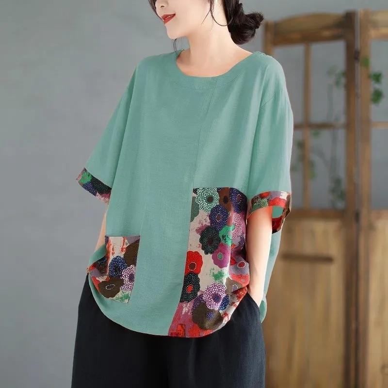 

Женская летняя тонкая футболка с коротким рукавом с принтом в этническом стиле, свободные повседневные топы S зелёный