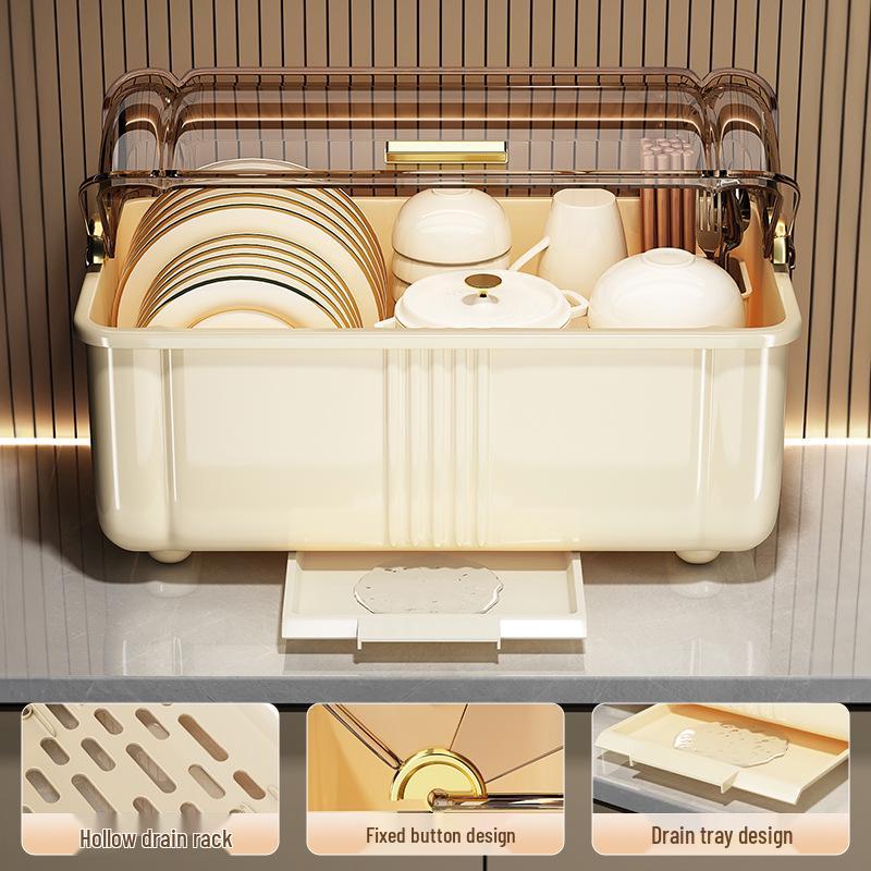 Kitchen Dish Rack Cabinet with Lid for Plates, Bowls, and Chopsticks