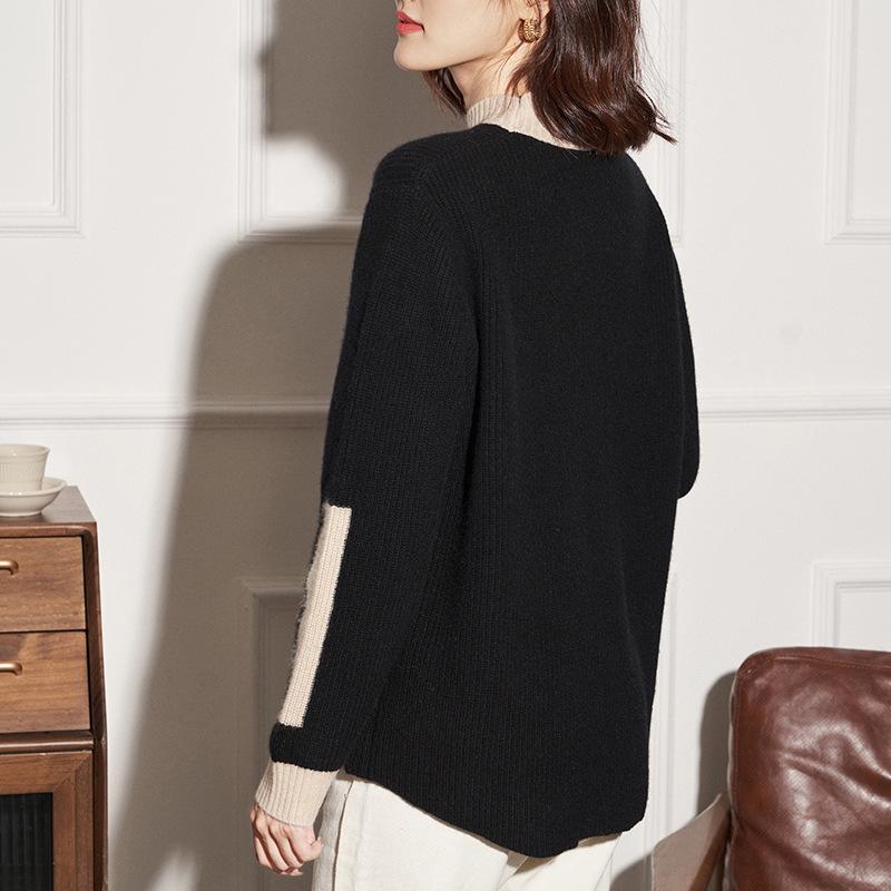 Women's Color-block Cashmere Knit Sweater - Half-High Neck, Long Sleeve, Ribbed, Slimming, Versatile