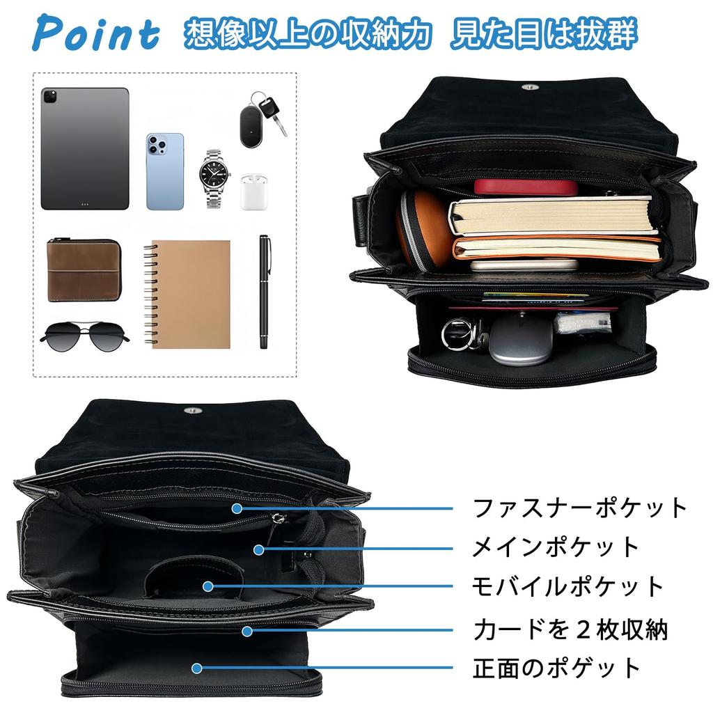 Achiyu Men's Genuine Leather Shoulder Bag, Crossbody Bag, Messenger Bag, One-Shoulder Bag, Stylish, Popular, Casual, Black