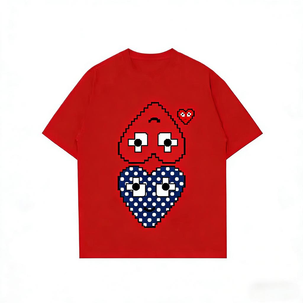 Summer New Play Trendy Brand Unisexs and Womens Casual Heart Printing Round Neck Couple Outfit Top Short Sleeves Tshirt