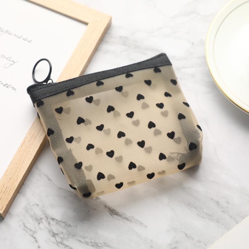 Mesh Cosmetic Makeup Bags Case Holder Zipper Heart Printed Pencil Case Pouch