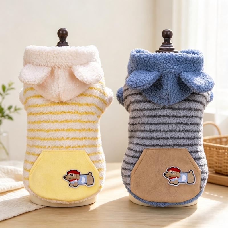 Cute Striped Dog Hoodies Warm Pet Sweater Soft Dog Clothes Cartoon Print Puppy Pullovers Plush Cat Vest Pet Top Bichon Outfits