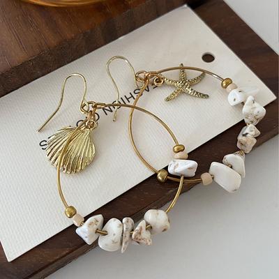Handmade Natural Stone Large Earrings Shell Starfish Asymmetrical Design Ear Hook Fashion Retro Bohemian Earrings