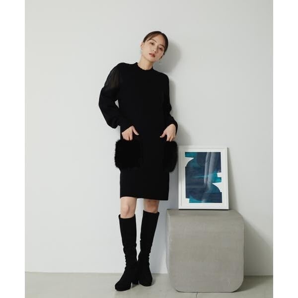 Jill by Jill Stuart Casual Dress, Faux Fur Pocket Knit Dress, Web-Exclusive Color: Black, Beige