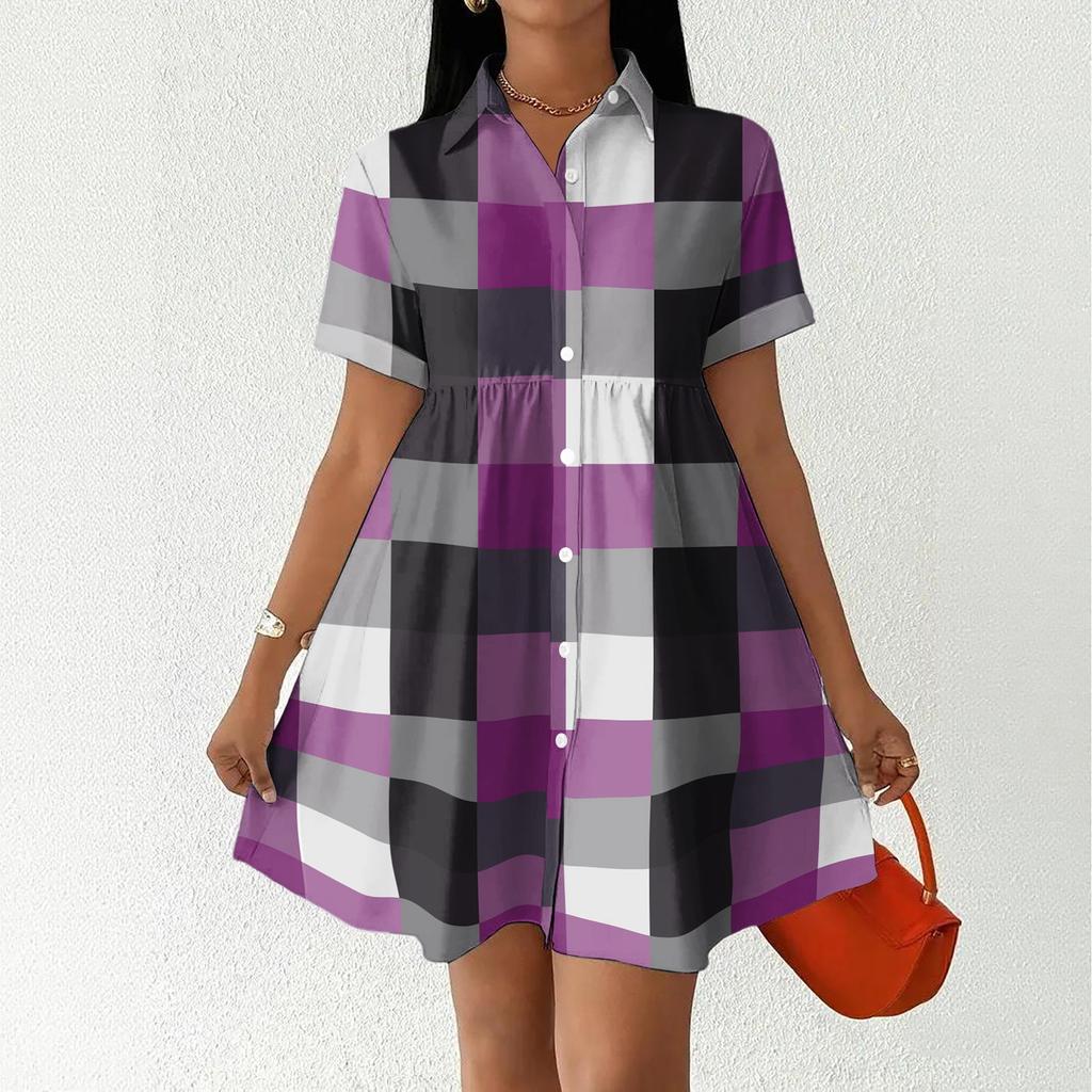 Casual Loose Fit Shirt Dress with Button Front and Stand Collar Short Sleeve Relaxed Fit Plaid Pattern Dress for Women