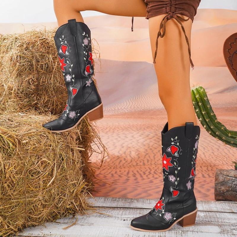 Autumn new European and American style mid-heel embroidered high boots women's large size embroidered thick heel leather knight cowboy boots