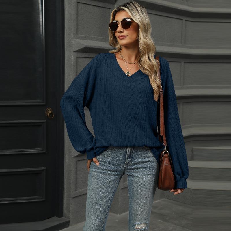Autumn and Winter V-neck Loose Casual Long Sleeved T-shirt Women Fashion Elegant Simple New Solid Color Top Office Shirt Women's Clothing
