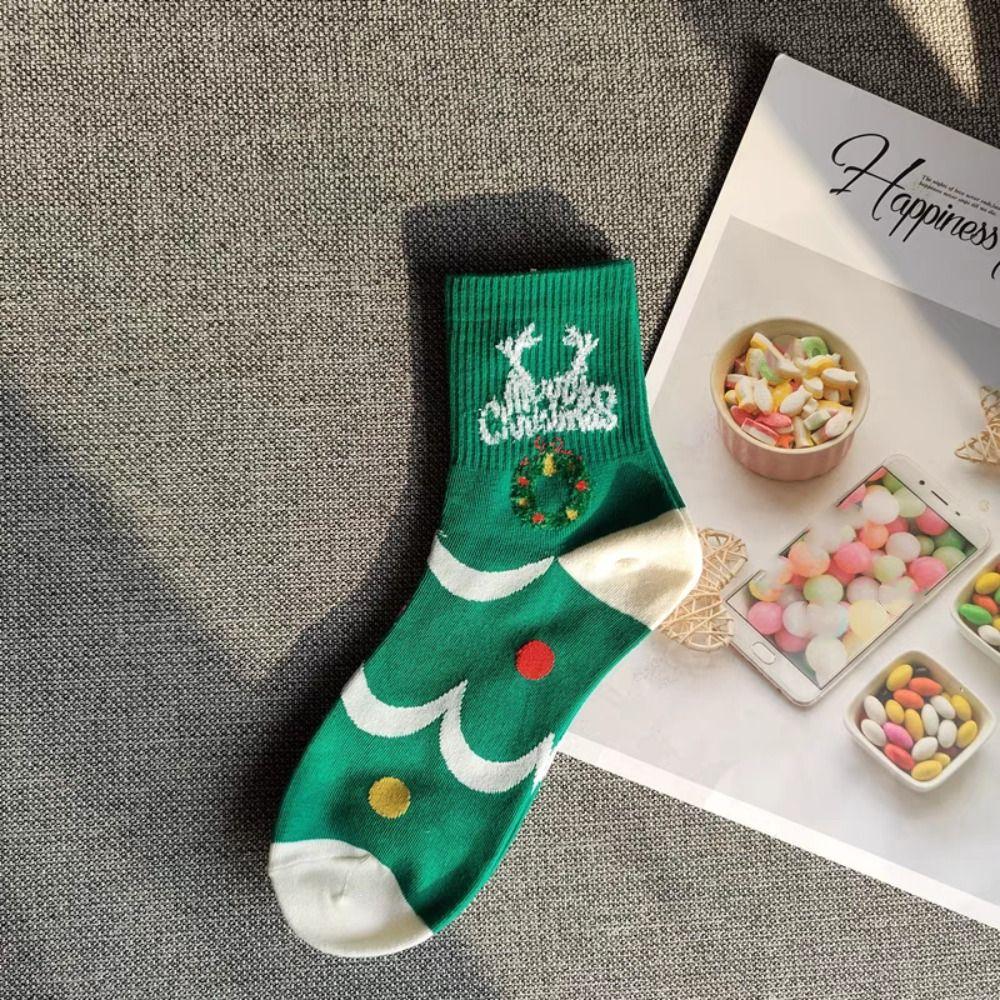 5Pairs Elk Christmas Socks Snowman Santa Claus Tube Sock Classic Cotton Socks Women  Christmas