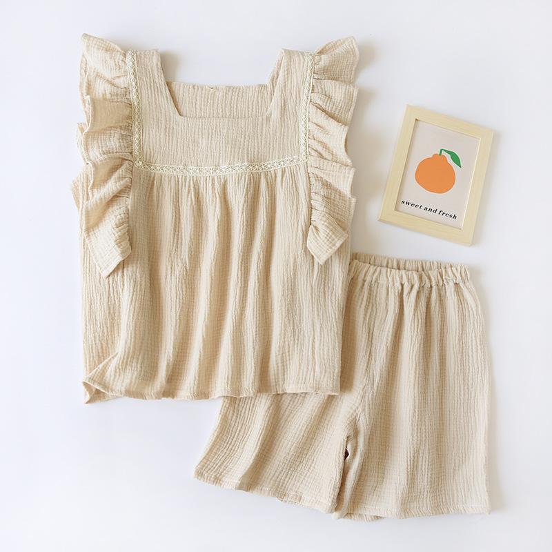 Summer New Women's Pajamas Short-sleeved Shorts Two-piece Set 100% Cotton Crepe Vest + Shorts Sweet Home Clothes Two-piece Set