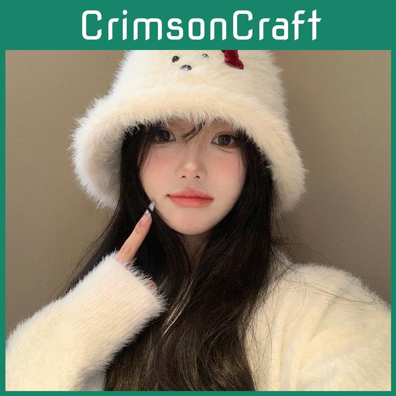 White Plush Stylish Fisherman Hat With Bow For Women Perfect For Fall Winter