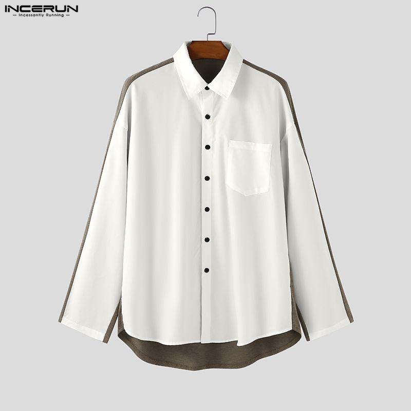INCERUN Oversized Men Long Sleeve Back Patchwork Buttons Casual Loose Shirts Tops