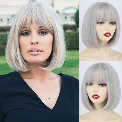 Women Light Gray Hair with Bangs Synthetic Fiber Wig Cosplay Straight Bob Wig Shoulder Length Straight Bob Halloween Wig