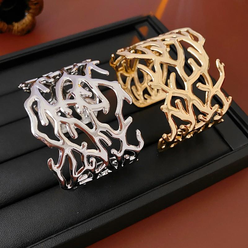 Openwork Metal Cuff Bracelet With Geometric Cutout Design Gold Or Tone Lightweight Fashion Statement Jewelry Women