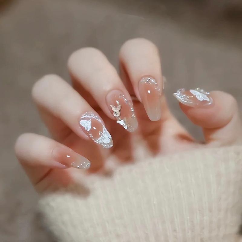 24 Pcs Glittering Press on Nails Tips Art  Pearls Medium Long False Nails With 3D Design For White Butterfly Fake Nails Press On