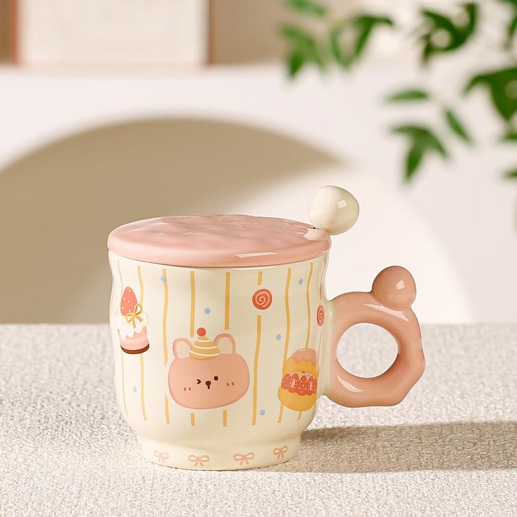 Cute Girl Heart with Cover Mug Cartoon Dessert Bear High Looking Office Ceramic Water Cup Birthday Souvenir