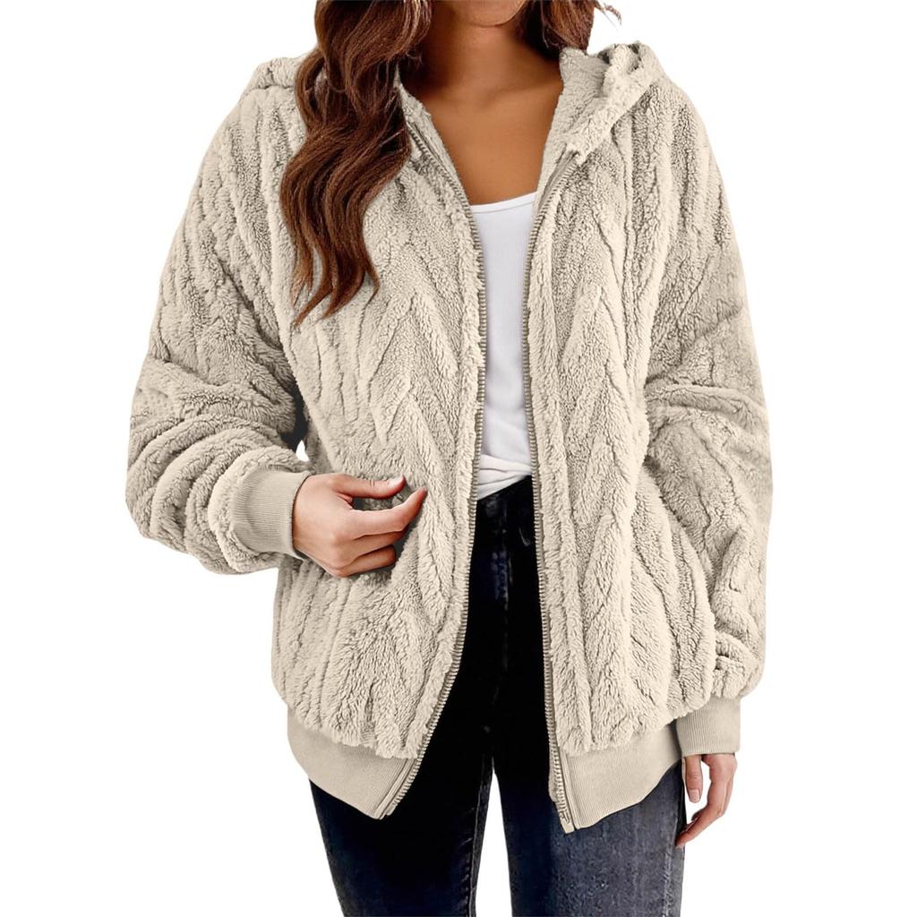 Fleece Jacket Women With Hood Fuzzy Zip Up Hoodie Oversized Soft Warm Knit Pullover Sweatshirt
