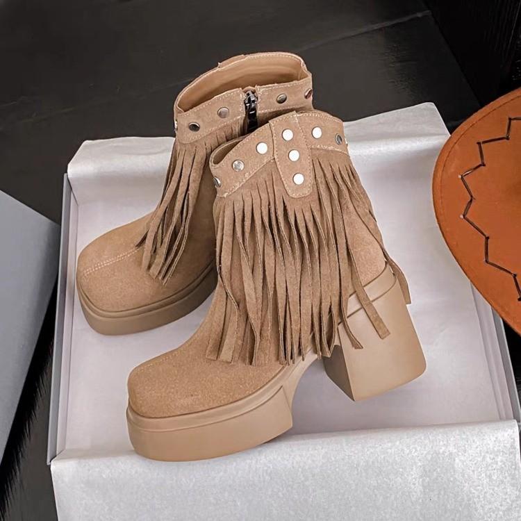 

Ботильоны с бахромой, женские туфли на платформе и каблуках, новые замшевые туфли на высоком каблуке, модные осенние женские сапоги с квадратным носком, готические ботинки Mujer 35