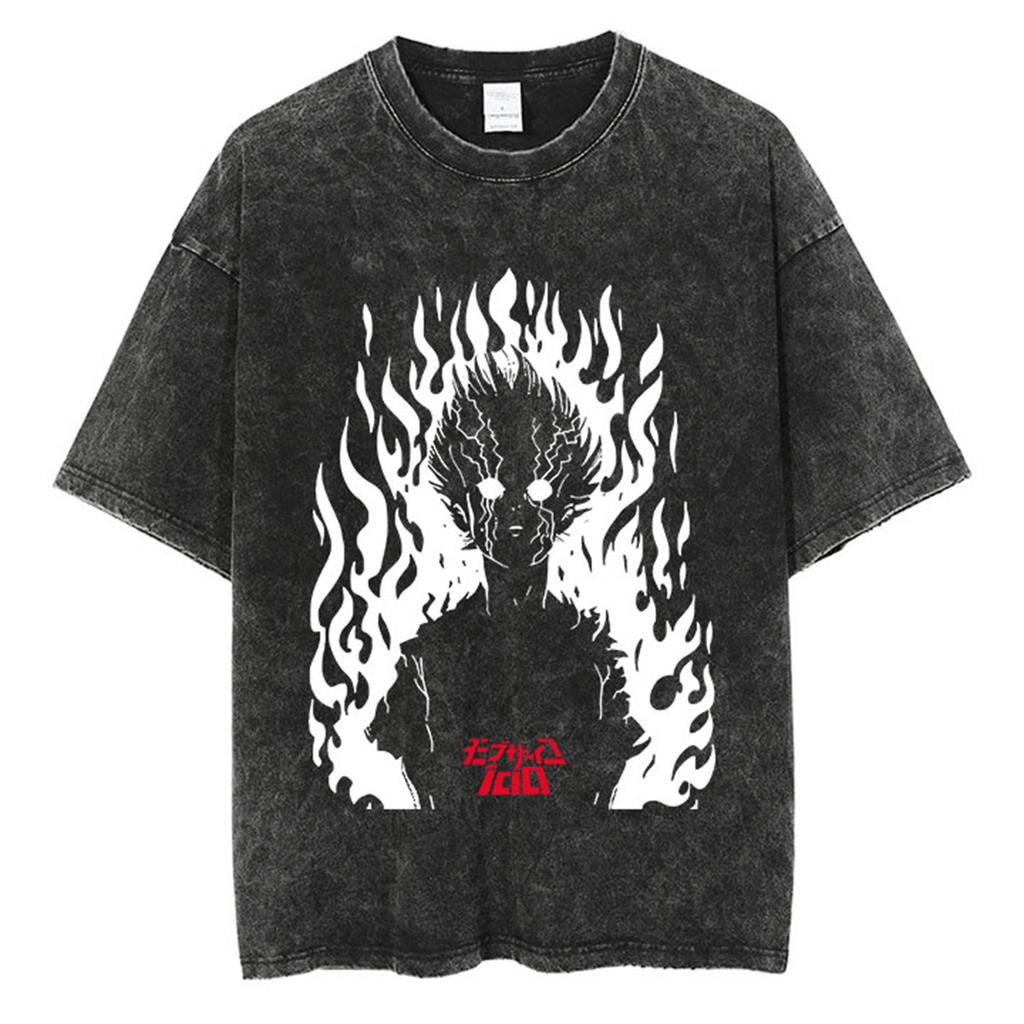 Anime Mob Psycho Graphic Washed T Shirt Men Streetwear Harajuku Vintage Cotton T-Shirt Summer Short Sleeve Casual T Shirt