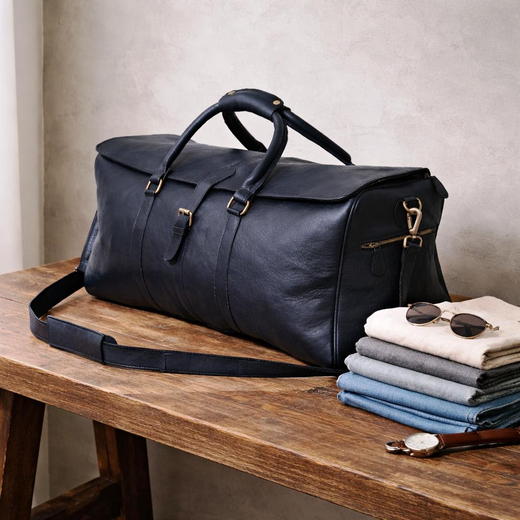 Black Leather Duffle Bag: Large Travel Carry-on