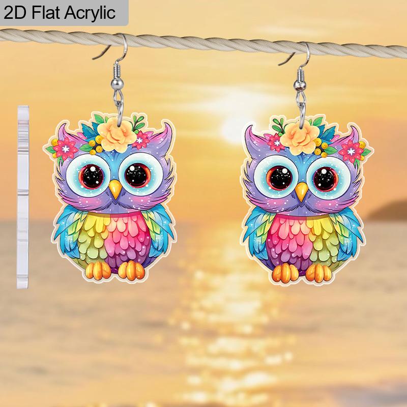 2D Flat Acrylic Cute Christmas Colorful Owl Dangle Earrings, Suitable As A Holiday Gift for Women, Christmas Party Decorative Jewelry.