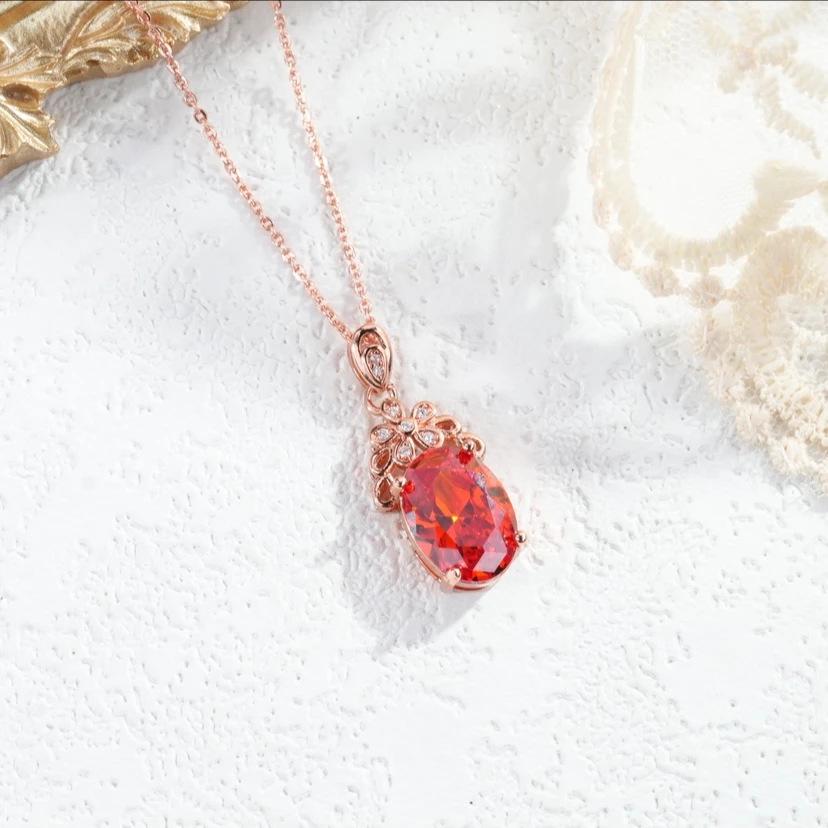 Luxury Women’s Faux Morganite Egg-Shaped Necklace with Fire-Colored Ruby Gem Pendant