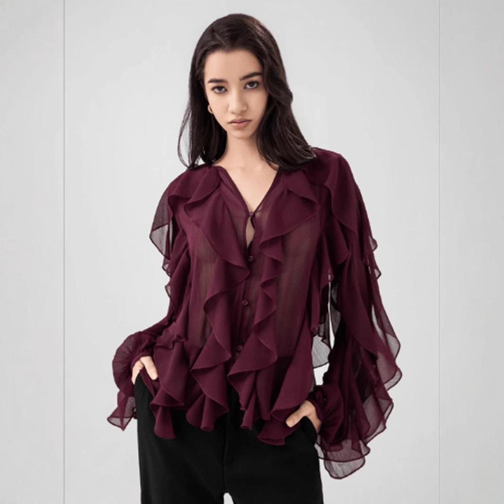 European and American V-Neck Layered Long-Sleeve Women's Spring/Summer Pullover Shirt