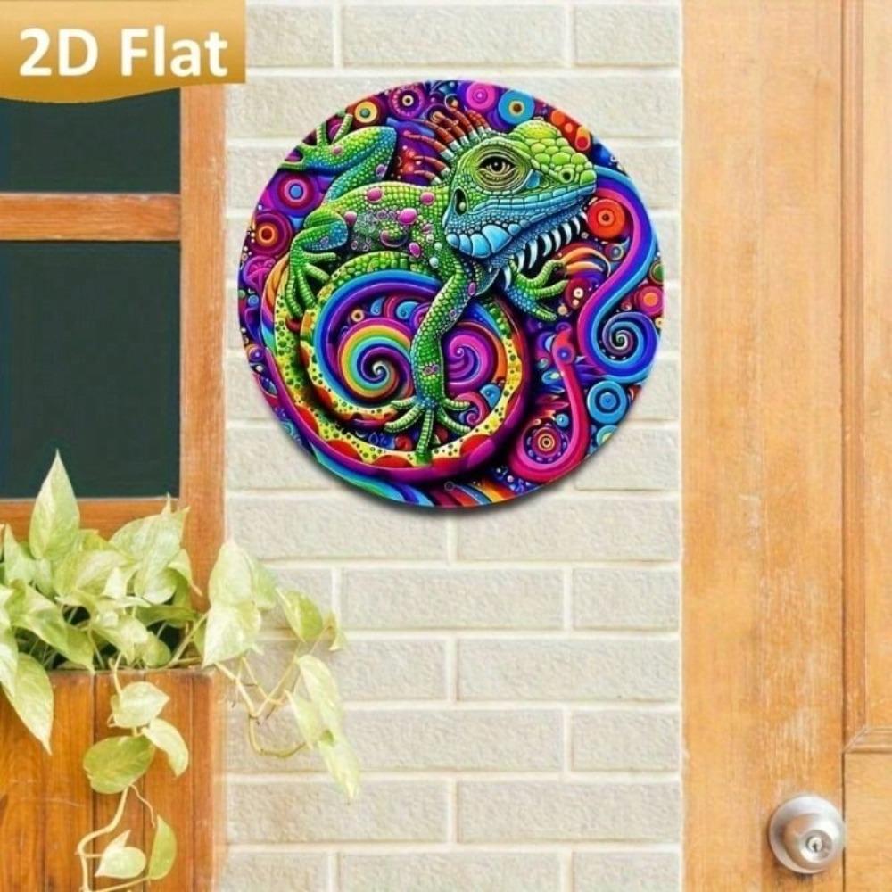 Vintage Metal Chameleon Wall Art Round Aluminum Decor for Living Room Cafe Bar Garden