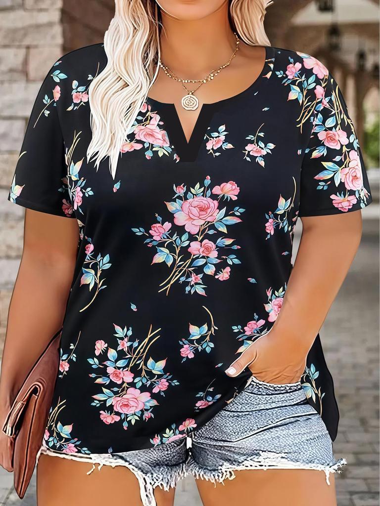 2025 Spring/Summer V-neck Ethnic Print Plus Size Women's Short Sleeve T-shirt