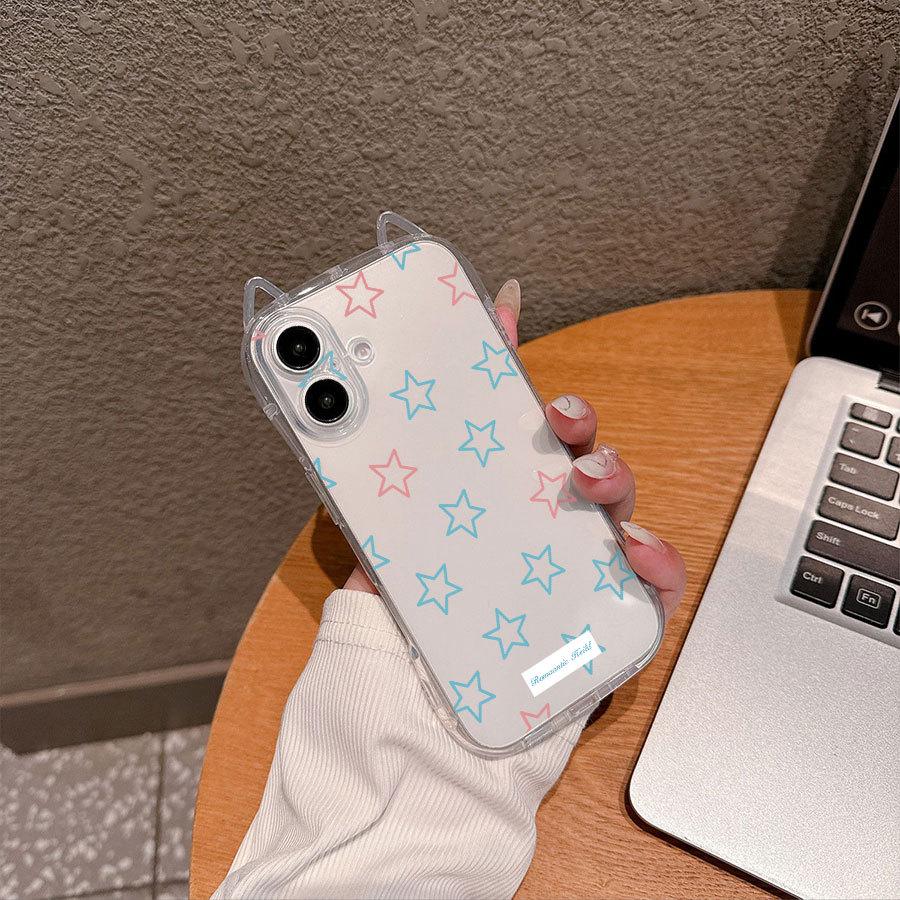 Colorful Cartoon Stars Cat Ear Phone Case for Apple 15/15 Pro Max - New Transparent Design for 11/12