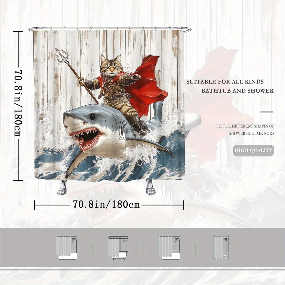 Cat Warrior Riding Shark Shower Curtain Anthropomorphic Cat Holding Trident Ocean Waves Fantasy Decor With Hooks