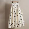 Women's White Polka Dot Button-Front Waist-Cinching Midi Skirt - Fall/Transitional Sophisticated Chic for Office & Evening