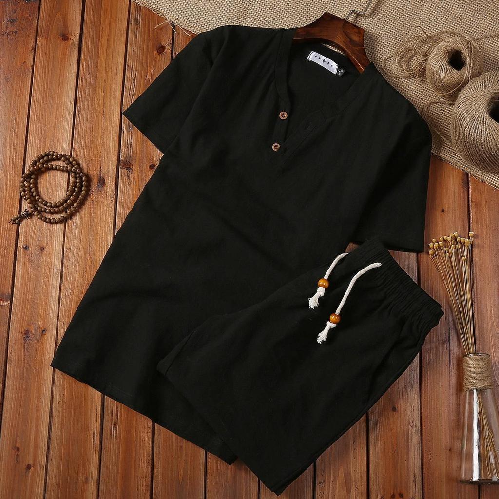 Letní volný vintage ležérní bavlněno-lněný oblek pro muže čínského stylu s dlouhým rukávem, tričko a šortky, dvoudílný set
