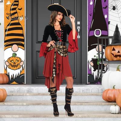 Cadılar Bayramı Cosplay Elbisesi Korsan Kraliçe Dans Partisi Sahne Performansı Kostümü Çan Kolları Düzensiz Etek Ucu Bağcıklı Askılı Kemerli Bel Viking Elbisesi