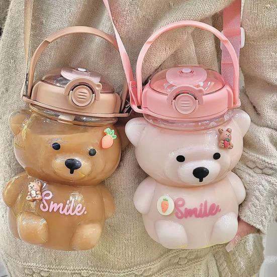 Bear Water Bottle with Straw 34oz BPA-Free Kids Tumbler Leak-Proof Cold Drink Cup Portable Drinkware with Adjustable Strap