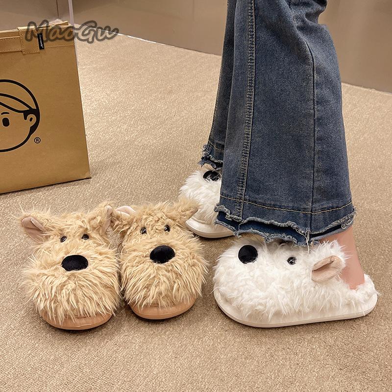 Fashion Casual Fluffy Women's Slippers Home Flat Cartoon Dog Design Winter Shoes Girls Indoor Plush Platform Footwear Fuzzy Fur Slides