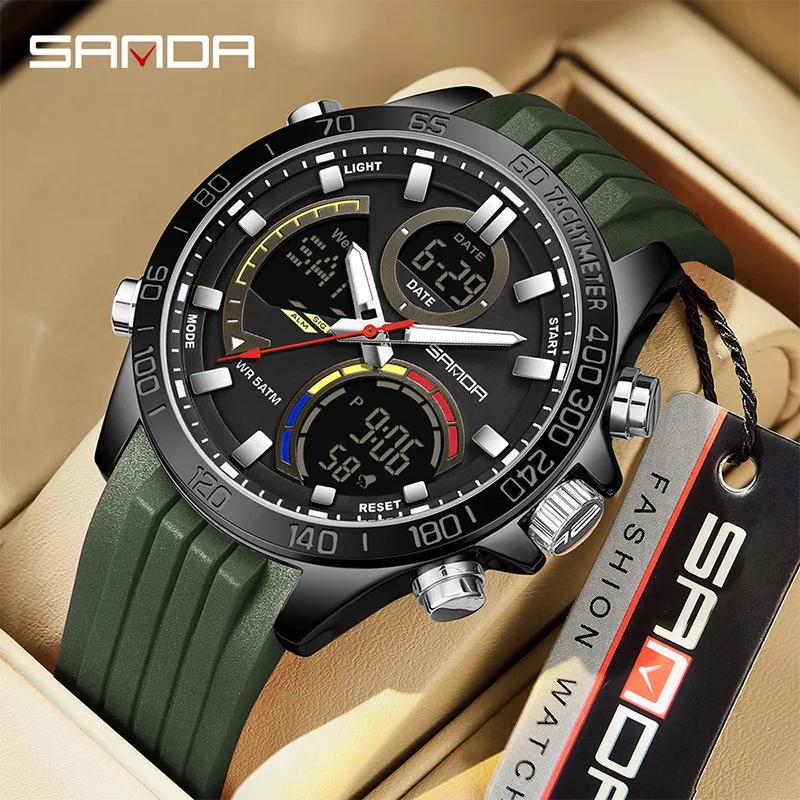 SANDA Luxury Men Electronic Quartz Watch Chronograph Double Display Waterproof Man Digital Wristwatch Military Sport Male Clock